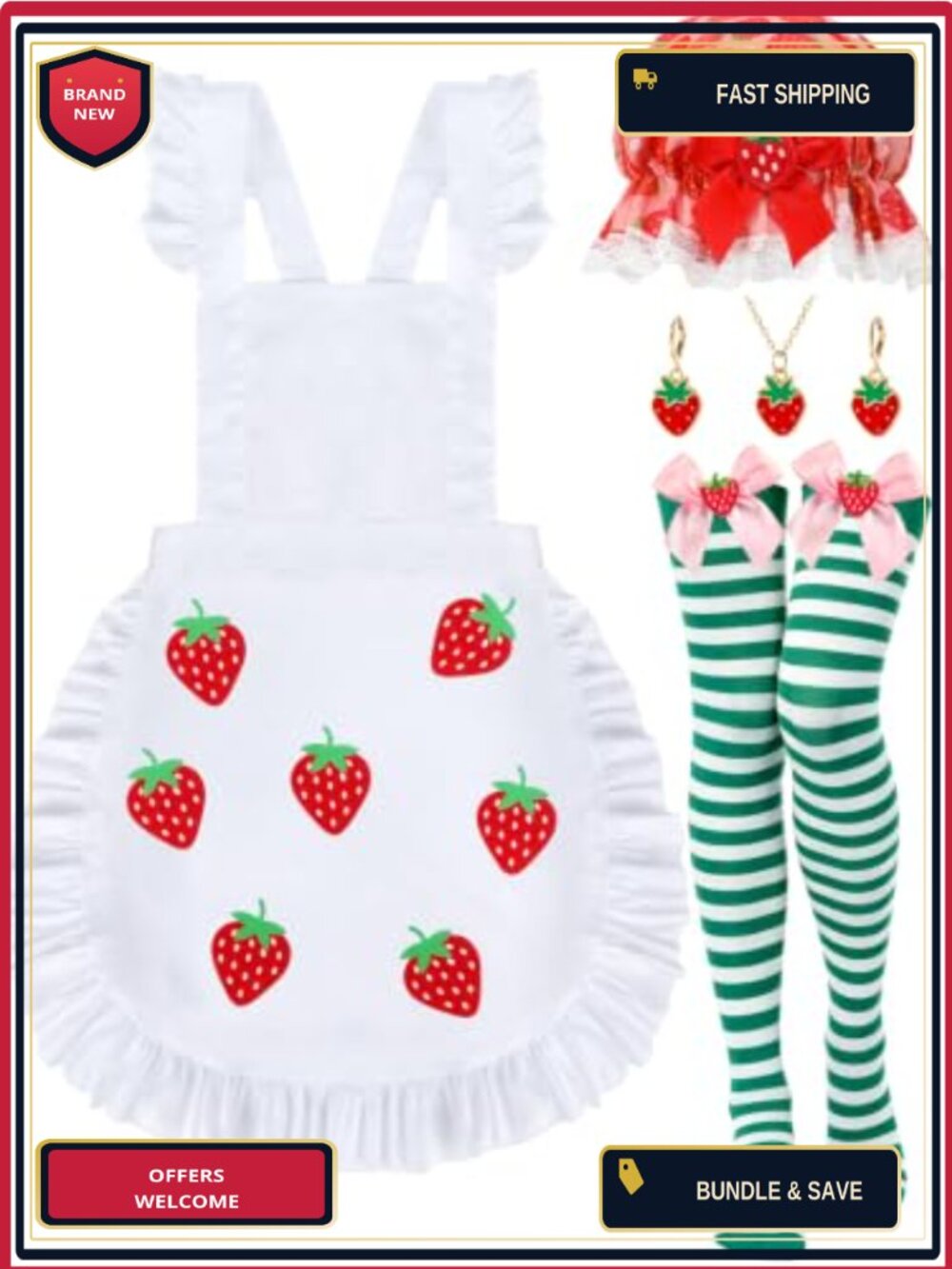 Strawberry Costume Set Hat Apron Socks Necklace Earrings Women